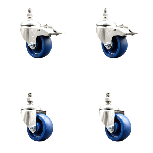 Service Caster 3 Inch 316SS Solid Polyurethane 1/2 Inch Threaded Stem Caster Lock Brake SCC, 2PK SS316TSTTL20S314-SPUS-121315-2-S2 - main